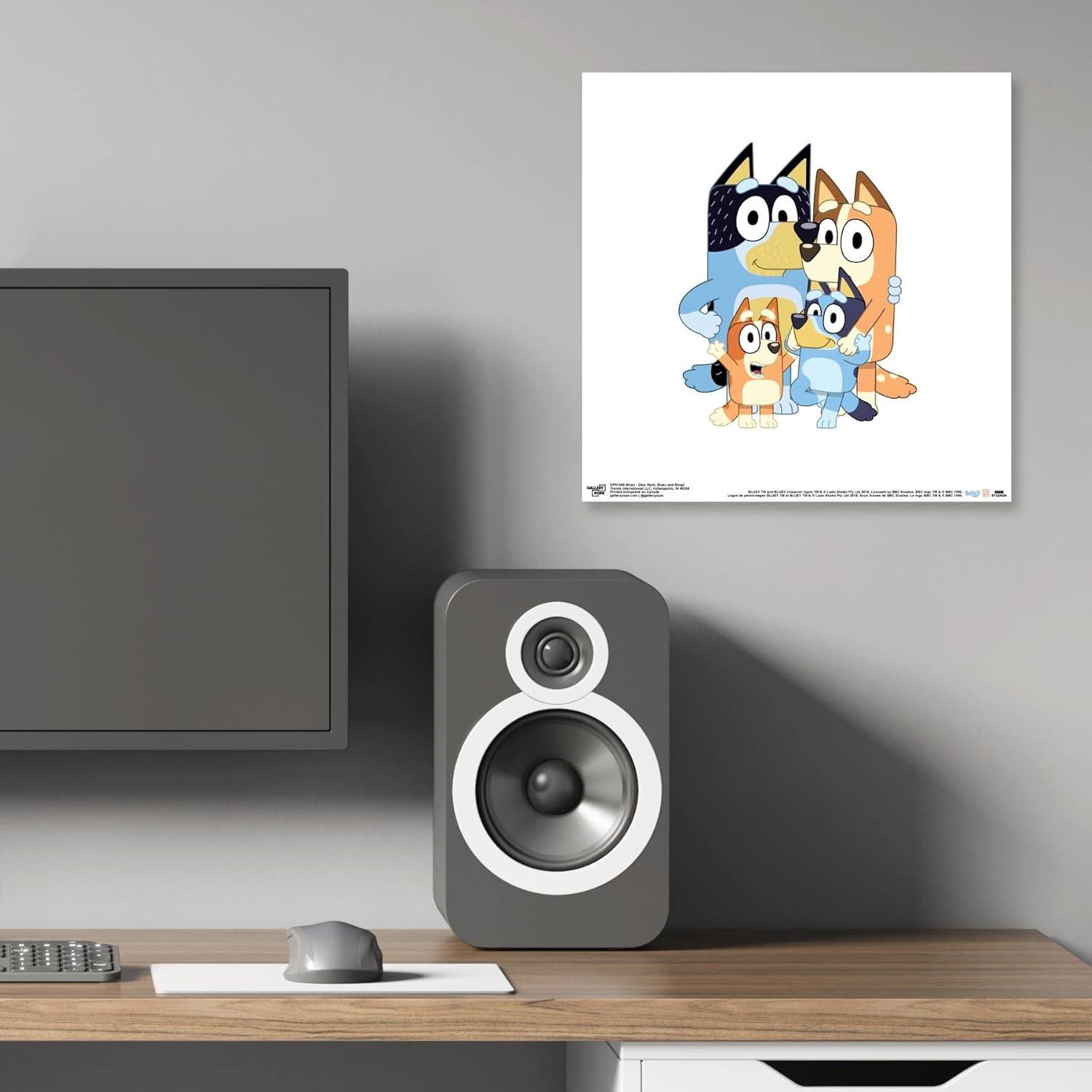 imageGallery Pops Bluey Dad Mum Bluey and Bingo Wall Art White Framed Version 12 x 12Unframed Version