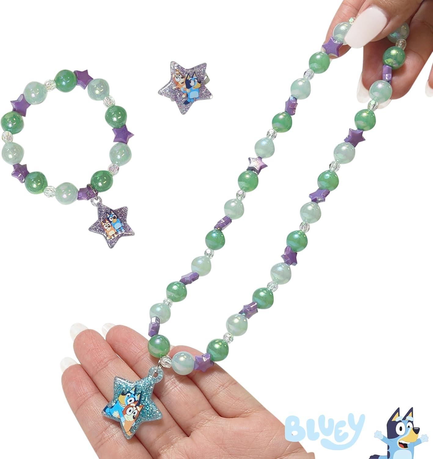 imageLUV HER Bluey Girls Jewelry Set Dress up Toy Jewelry Box Set with Bead Necklace Bracelet and Ring Play Accessories Ages 3Green Purple Blue