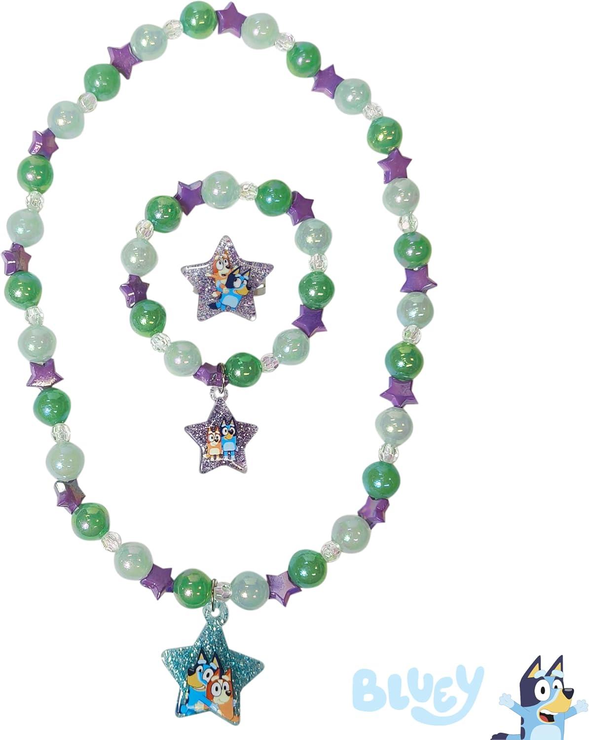 imageLUV HER Bluey Girls Jewelry Set Dress up Toy Jewelry Box Set with Bead Necklace Bracelet and Ring Play Accessories Ages 3Green Purple Blue