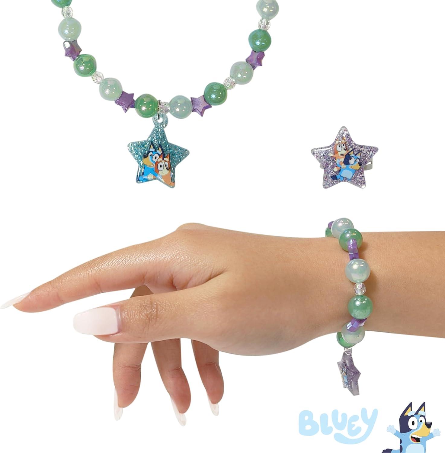 imageLUV HER Bluey Girls Jewelry Set Dress up Toy Jewelry Box Set with Bead Necklace Bracelet and Ring Play Accessories Ages 3Green Purple Blue