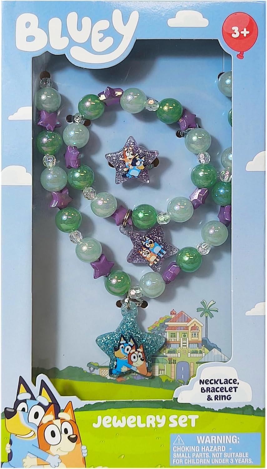 imageLUV HER Bluey Girls Jewelry Set Dress up Toy Jewelry Box Set with Bead Necklace Bracelet and Ring Play Accessories Ages 3Green Purple Blue