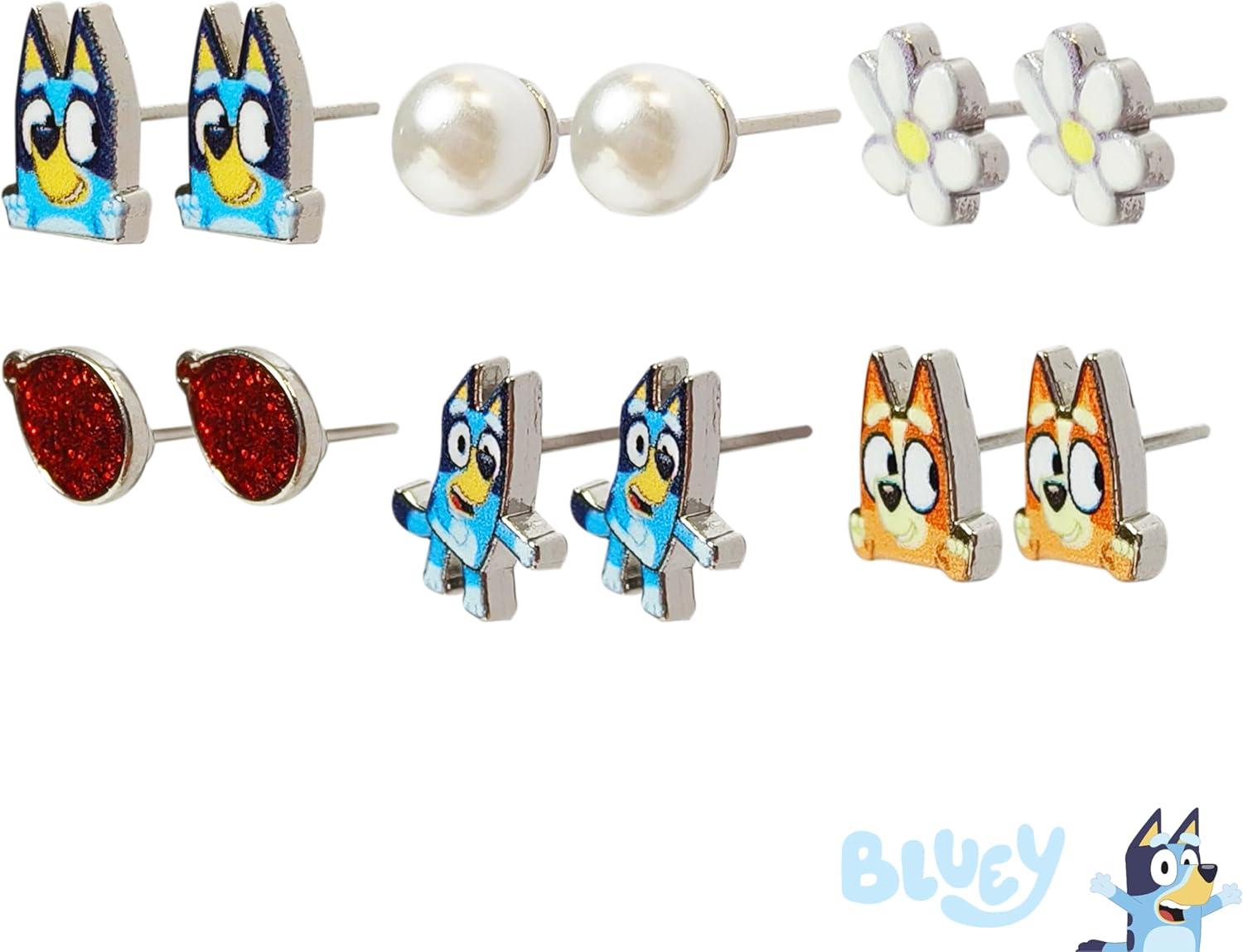 imageLUV HER Bluey Hypoallergenic Earrings for Girls Ages 4 Safe Stud amp Fishhook Styles Jewelry Gift for Sensitive Ears amp Cartoon Lovers 6 Pairs