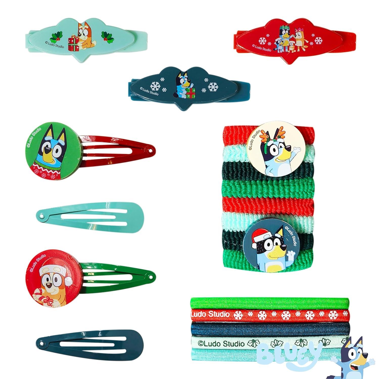 imageLuv Her Girls Hair Accessories Set 20 Pack Featuring Christmas Bluey Includes 3 Barrettes 4 Snap Clips 5 Elastics 8 Terry Ponies Everyday Wear Special Occasions Ages 3