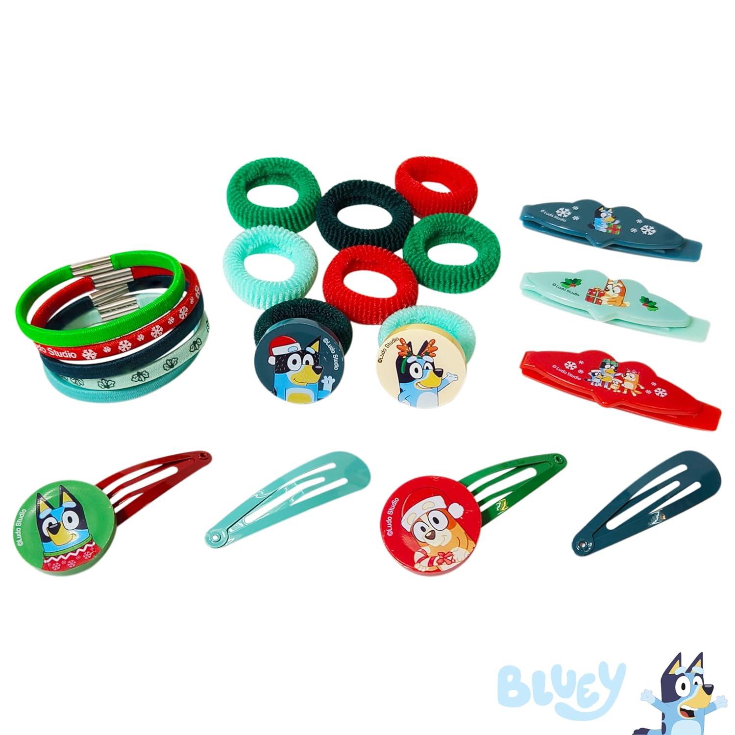imageLuv Her Girls Hair Accessories Set 20 Pack Featuring Christmas Bluey Includes 3 Barrettes 4 Snap Clips 5 Elastics 8 Terry Ponies Everyday Wear Special Occasions Ages 3