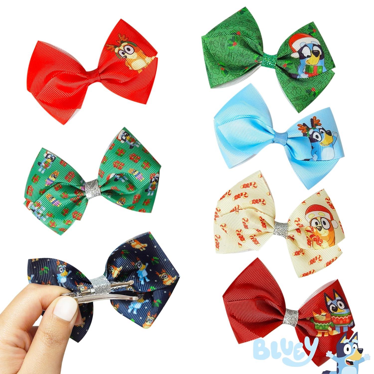 imageLuv Her Licensed Bluey Girls Hair Bows for Girls Hair Accessories Gift Set 7 Pcs 4 Inch Bundle Bluey Christmas Hair clips Alligator Clip Ages 3