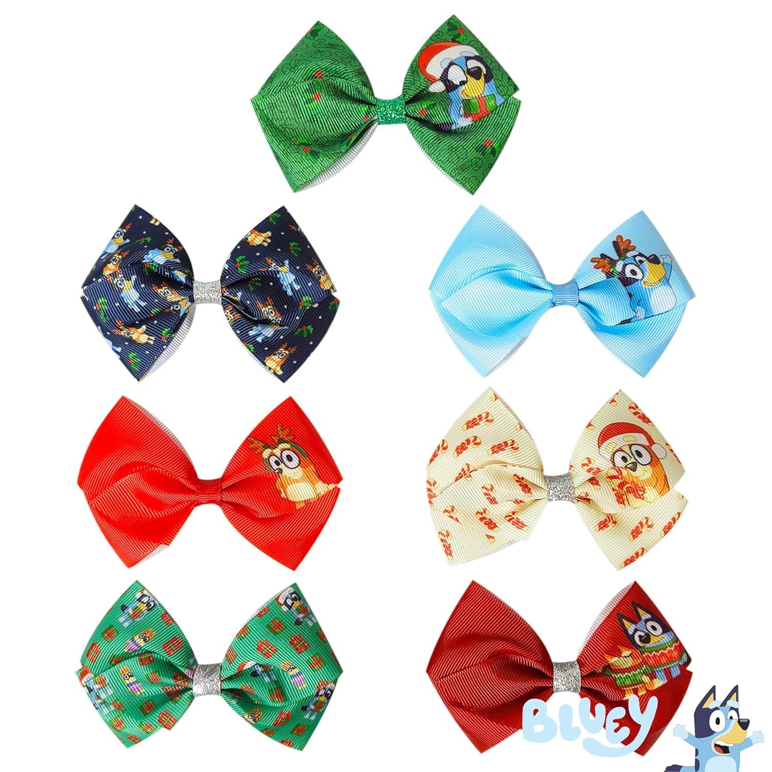 imageLuv Her Licensed Bluey Girls Hair Bows for Girls Hair Accessories Gift Set 7 Pcs 4 Inch Bundle Bluey Christmas Hair clips Alligator Clip Ages 3