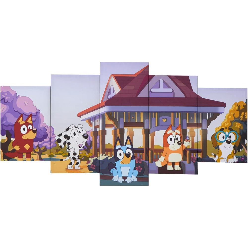 imageBluey 5 Piece Wall Art SetKids Room Dcor with Iconic Bluey Graphics Ready to Hang Canvas Panels Decorative Accent for Playroom Bedroom or Nursery 40 W x 20 H
