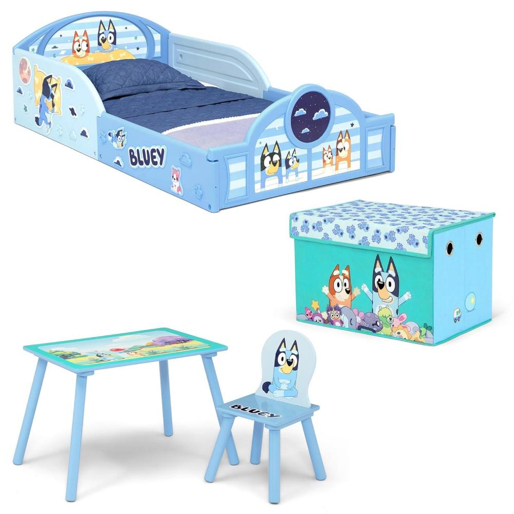imageDelta Children Bluey 4Piece Toddler RoominaBox Set Includes Sleep and Play Toddler Bed Table 1 Chair and Fabric Toy Box BlueBluey
