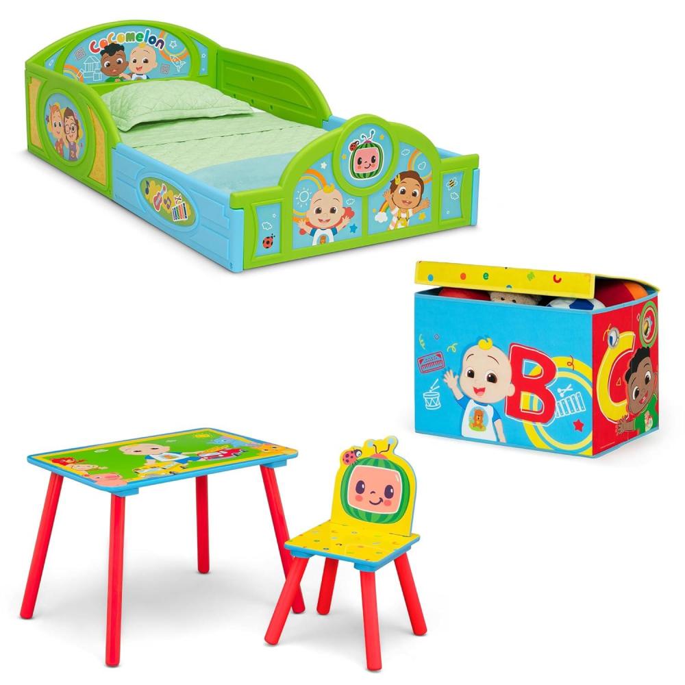 imageDelta Children  Bluey 4Piece Toddler RoominaBox Set  Includes Sleep and Play Toddler Bed Table 1 Chair and Fabric Toy Box BlueCocomelon