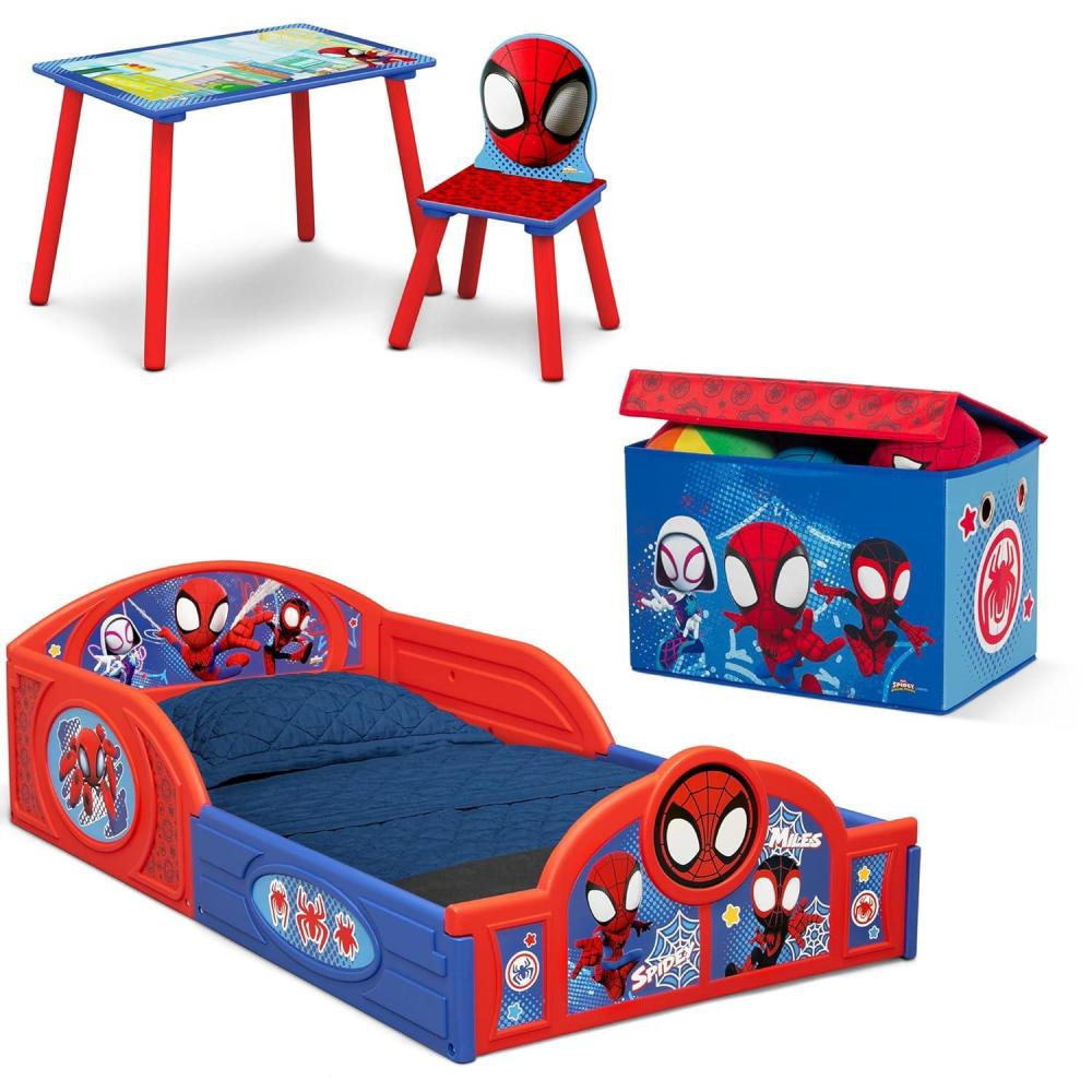 imageDelta Children  Bluey 4Piece Toddler RoominaBox Set  Includes Sleep and Play Toddler Bed Table 1 Chair and Fabric Toy Box BlueMarvel Spidey and His Amazing Friends