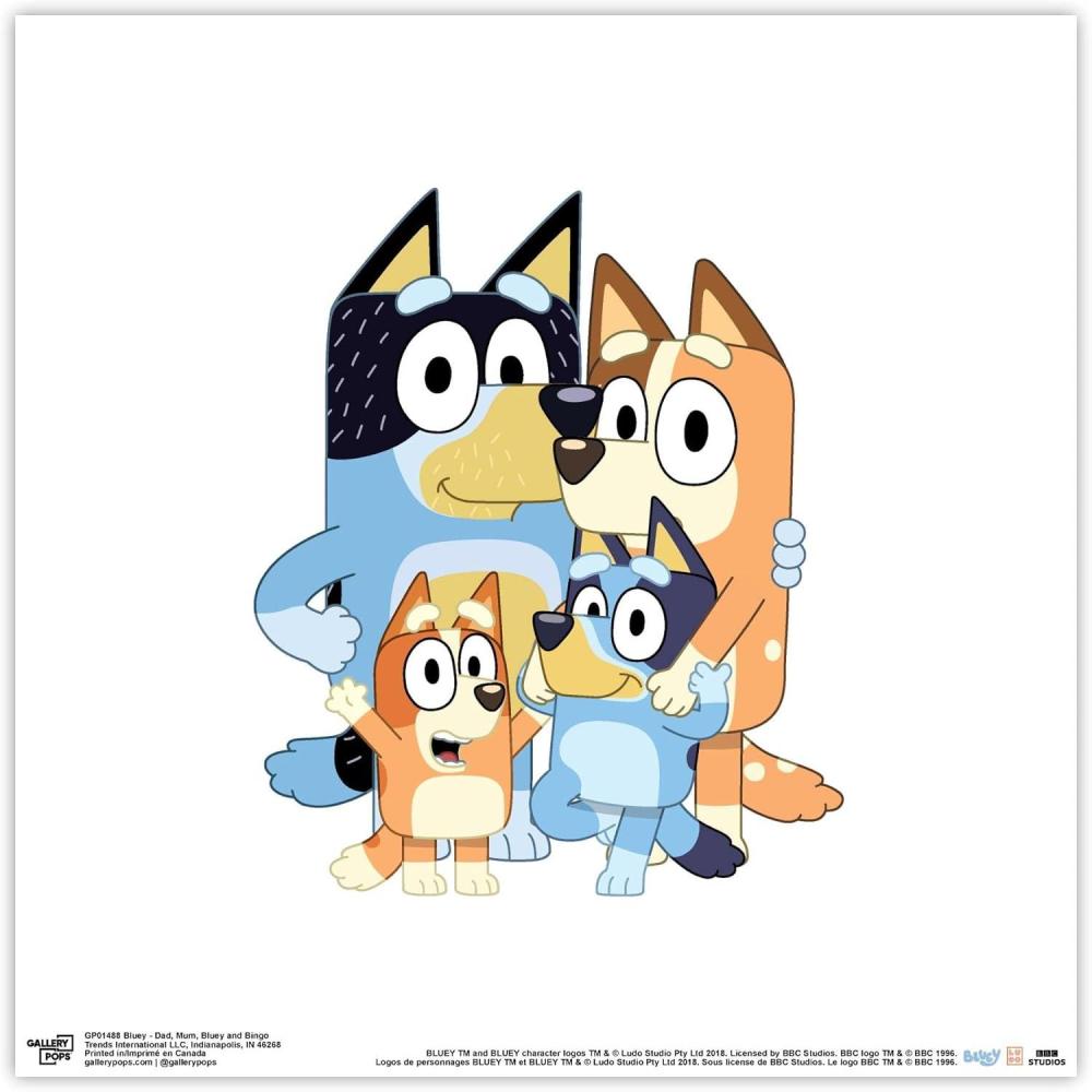 imageGallery Pops Bluey  Dad Mum Bluey and Bingo Wall Art White Framed Version 12 x 12Unframed Version