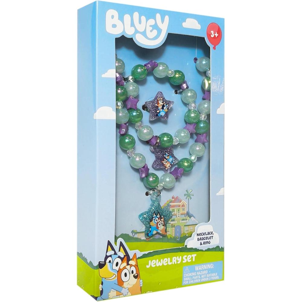 imageLUV HER Bluey Girls Jewelry Set Dress up Toy Jewelry Box Set with Bead Necklace Bracelet and Ring Play Accessories Ages 3Green Purple Blue