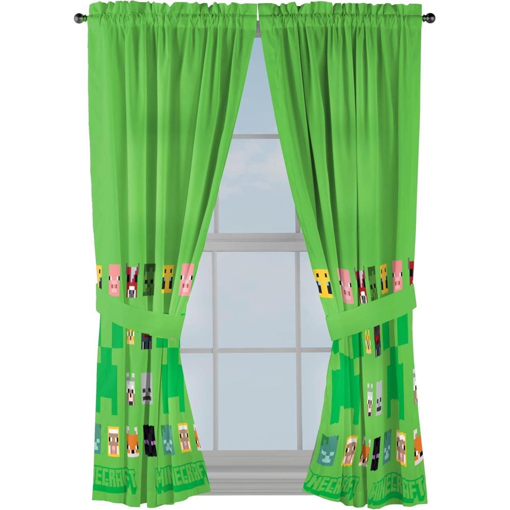 imageSunny Side Up Window Curtains for Kids Bedroom 4Piece Drape Set with 2 Tiebacks Teal  Bluey 42 W x 84 L Pack of 2Green  Minecraft