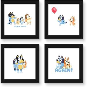 Trends International Gallery Pops Bluey – Family Life Wall Art Bundle (4-Pack) Gallery Pops Wall Art, White Framed Version(Black Framed Version)