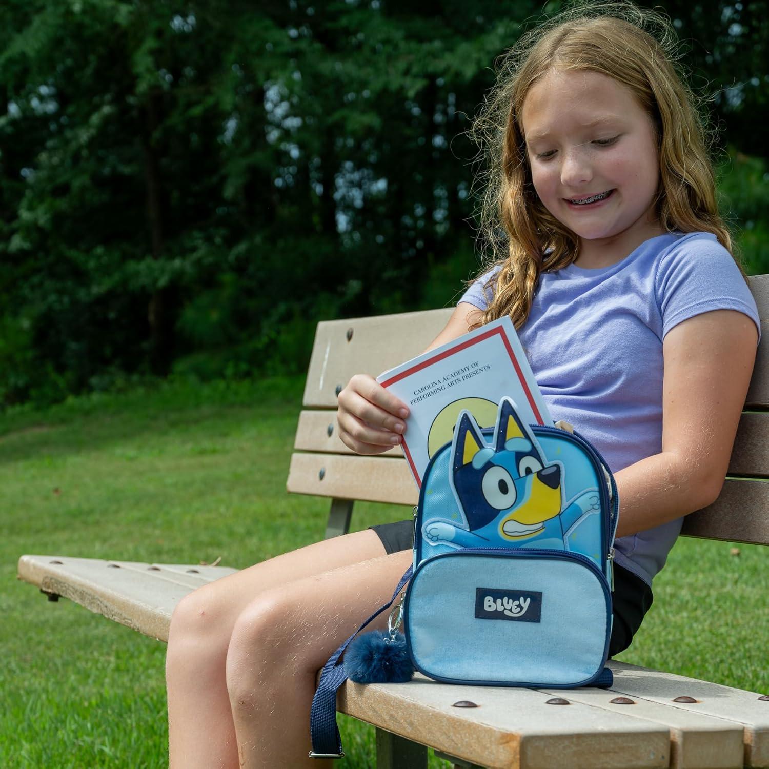 imageAI ACCESSORY INNOVATIONS Bluey 9 Micro Mini Backpack Purse Featuring a 3D Bluey Glitter Patch with Pom Pom Dangle BlueBluey
