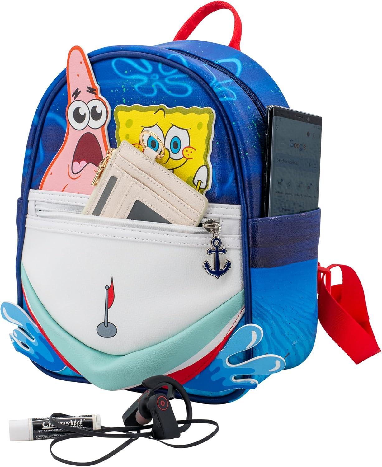 imageAI ACCESSORY INNOVATIONS Bluey Big Face Mini Cosplay PU Backpack Purse Shoulder Bag with Epoxy Filled Metal Pineapple Charm 105 Inch Adjustable Straps Faux LeatherSpongebob