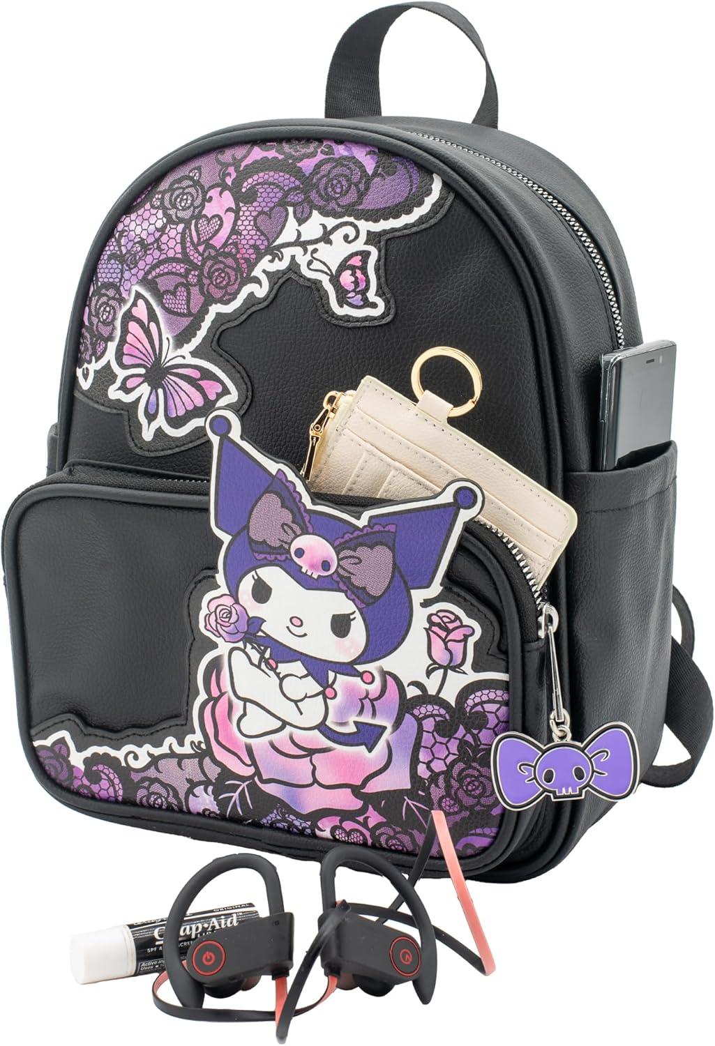 imageAI ACCESSORY INNOVATIONS Bluey Big Face Mini Cosplay PU Backpack Purse Shoulder Bag with Epoxy Filled Metal Pineapple Charm 105 Inch Adjustable Straps Faux LeatherBlack Kuromi