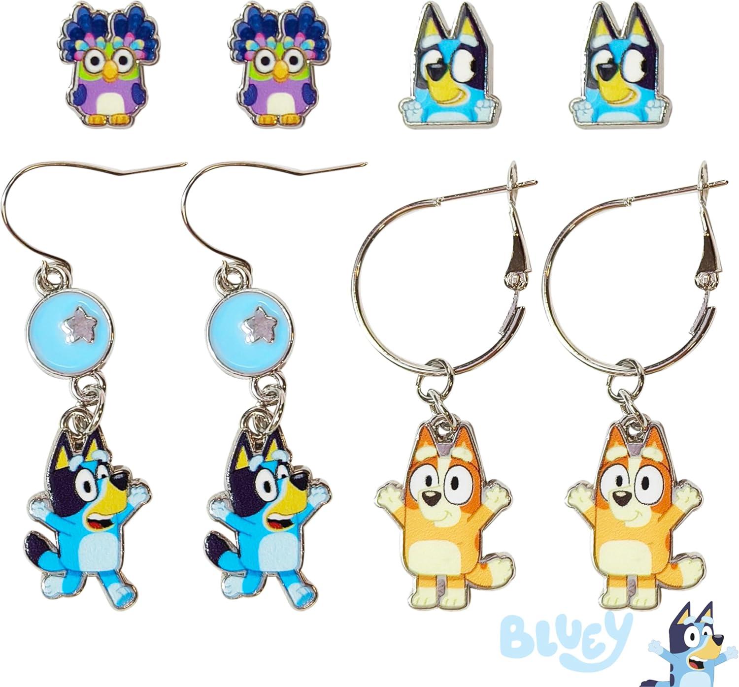 imageLUV HER Bluey Hypoallergenic Earrings for Girls Ages 4 Safe Stud amp Fishhook Styles Jewelry Gift for Sensitive Ears amp Cartoon LoversBlueBrownPurple