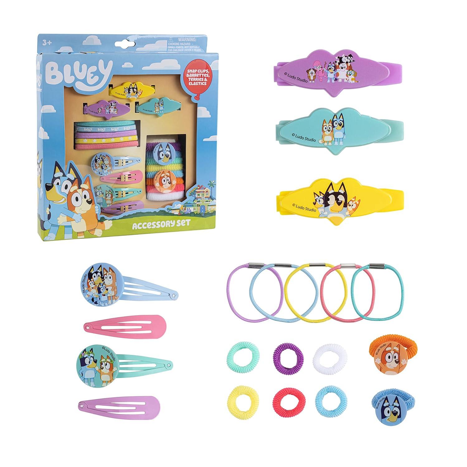 imageLuv Her Bluey Girls 20 Piece Accessory Set with 3 Barrettes 4 Snap Hair Clips 5 Elastics and 8 Terry Ponies Ages 3BLUEY