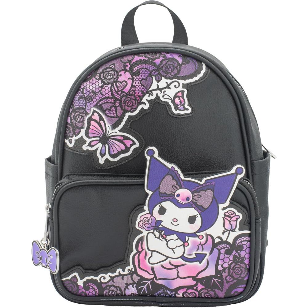 imageAI ACCESSORY INNOVATIONS Bluey Big Face Mini Cosplay PU Backpack Purse Shoulder Bag with Epoxy Filled Metal Pineapple Charm 105 Inch Adjustable Straps Faux LeatherBlack Kuromi