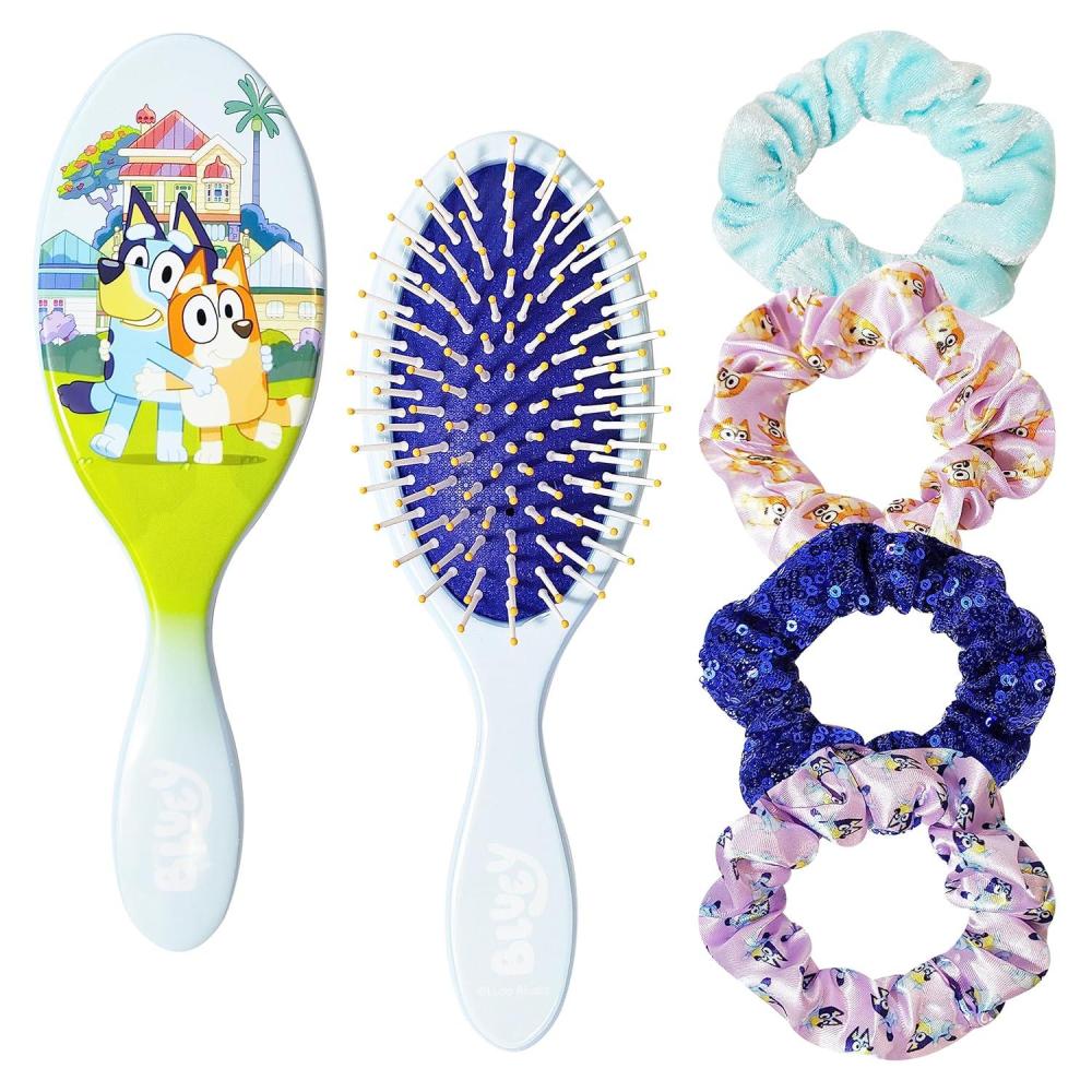 imageBluey Hair Accessory 5 Pcs Set 1 Regular 9 inch Bluey HairBrush For Girls 4 Bluey Scrunchies For Kids Accessories For Girls Detangling Brush Elastic Hair Ties Ropes Scrunchies Ages 3Bluey 5 Piece Hair Accessories