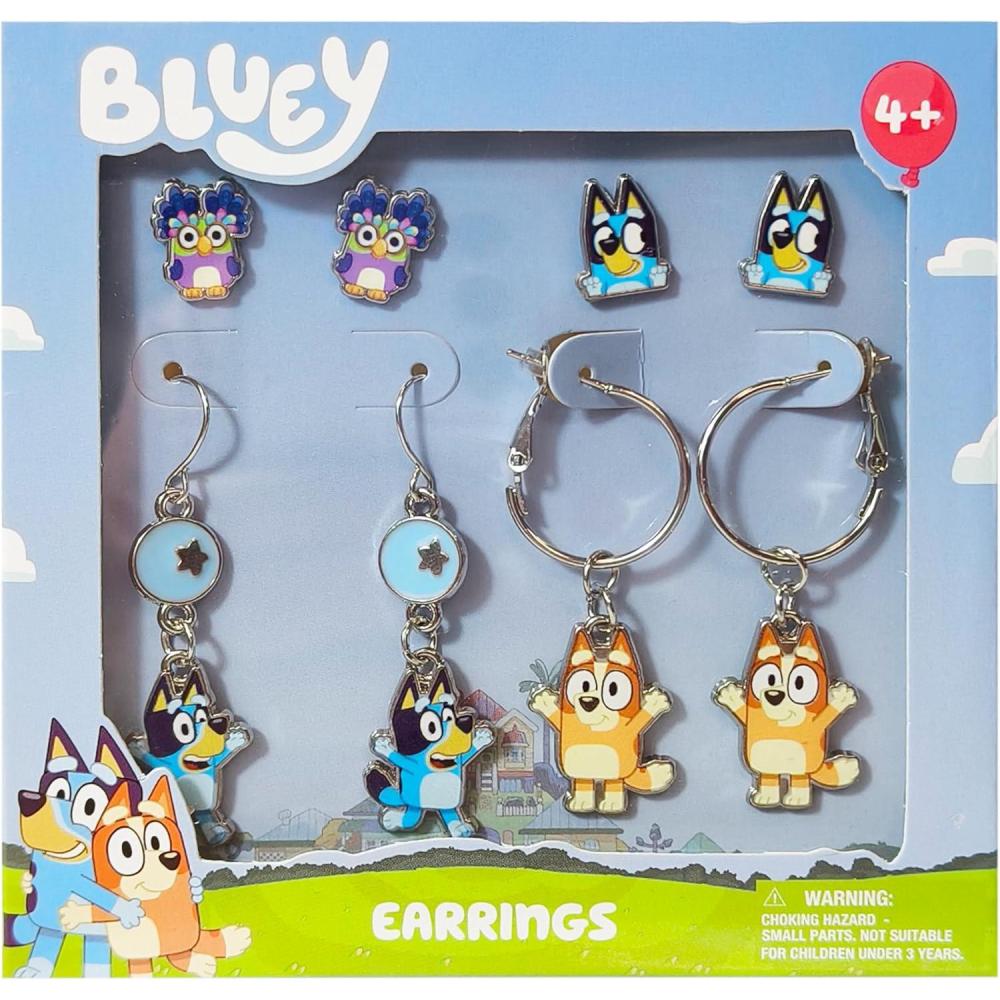 imageLUV HER Bluey Hypoallergenic Earrings for Girls Ages 4 Safe Stud amp Fishhook Styles Jewelry Gift for Sensitive Ears amp Cartoon LoversBlueBrownPurple
