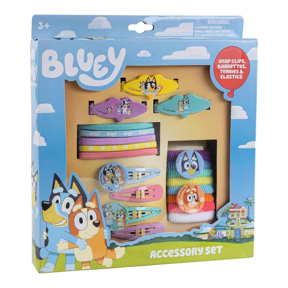 imageLuv Her Bluey Girls 20 Piece Accessory Set with 3 Barrettes 4 Snap Hair Clips 5 Elastics and 8 Terry Ponies Ages 3BLUEY