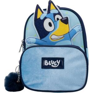 AI ACCESSORY INNOVATIONS Bluey 9” Micro Mini Backpack Purse Featuring a 3D Bluey Glitter Patch with Pom Pom Dangle, Blue(Bluey)