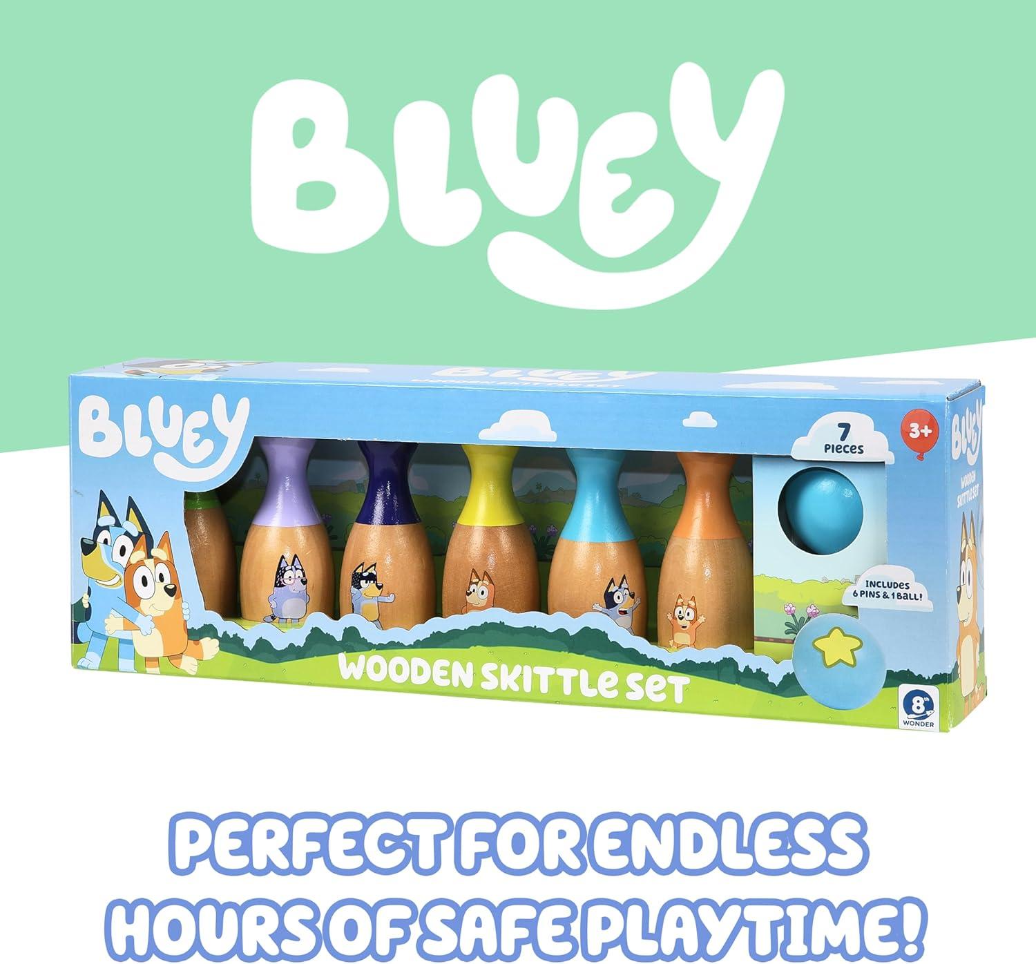 imageBluey 8th Wonder Wooden Skittles Game Set Toy Bowling Set with 6 Character Pins and 1 Bowling Ball IndoorOutdoor Play Toys for Toddler Ages 3Bowling Skittles