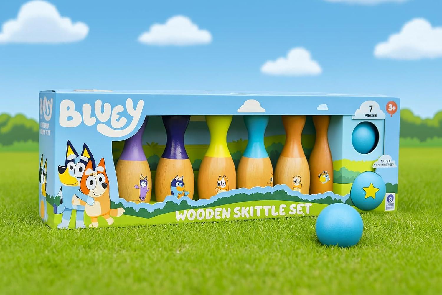 imageBluey 8th Wonder Wooden Skittles Game Set Toy Bowling Set with 6 Character Pins and 1 Bowling Ball IndoorOutdoor Play Toys for Toddler Ages 3Bowling Skittles