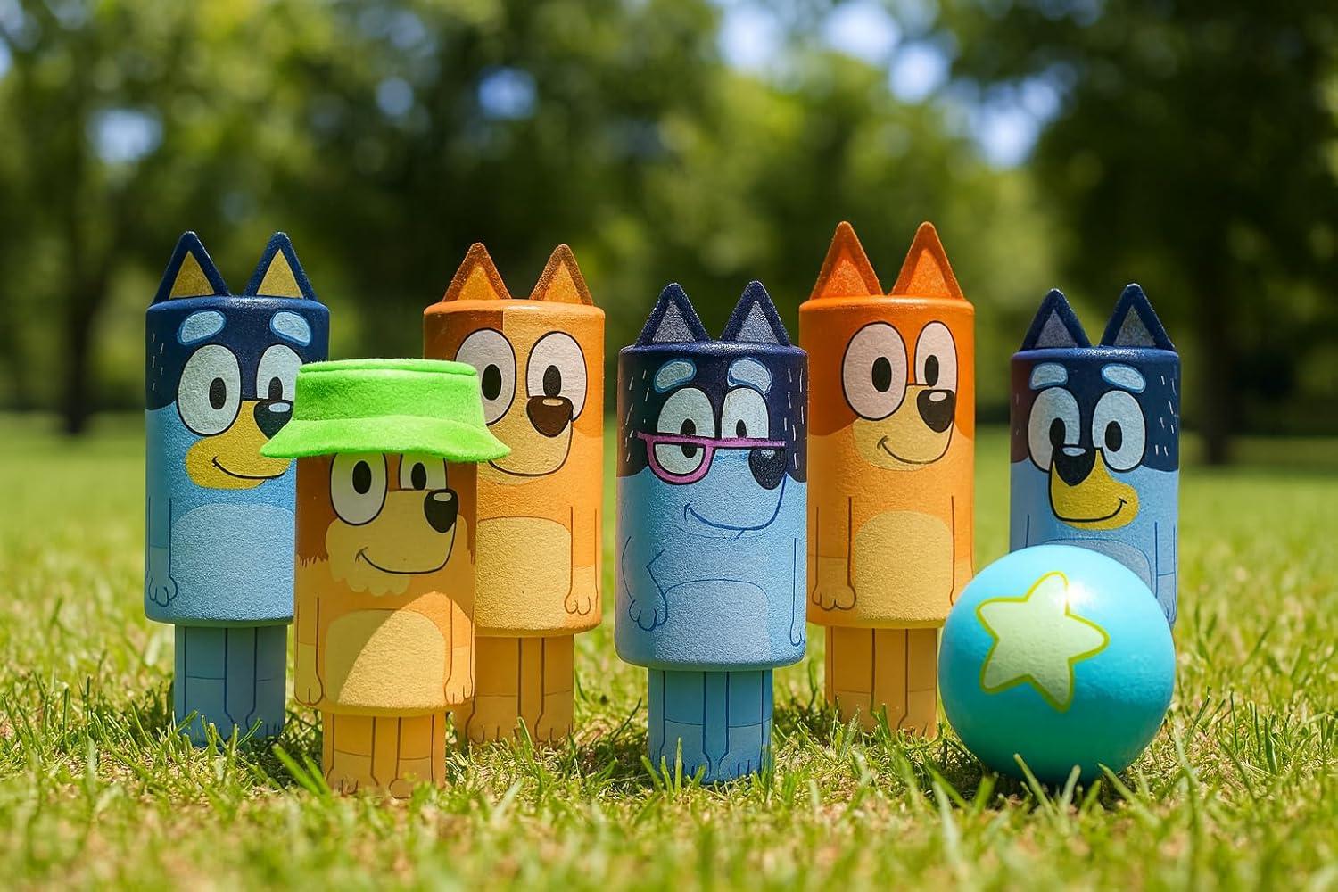imageBluey 8th Wonder Wooden Skittles Game Set Toy Bowling Set with 6 Character Pins and 1 Bowling Ball IndoorOutdoor Play Toys for Toddler Ages 3Character Skittles