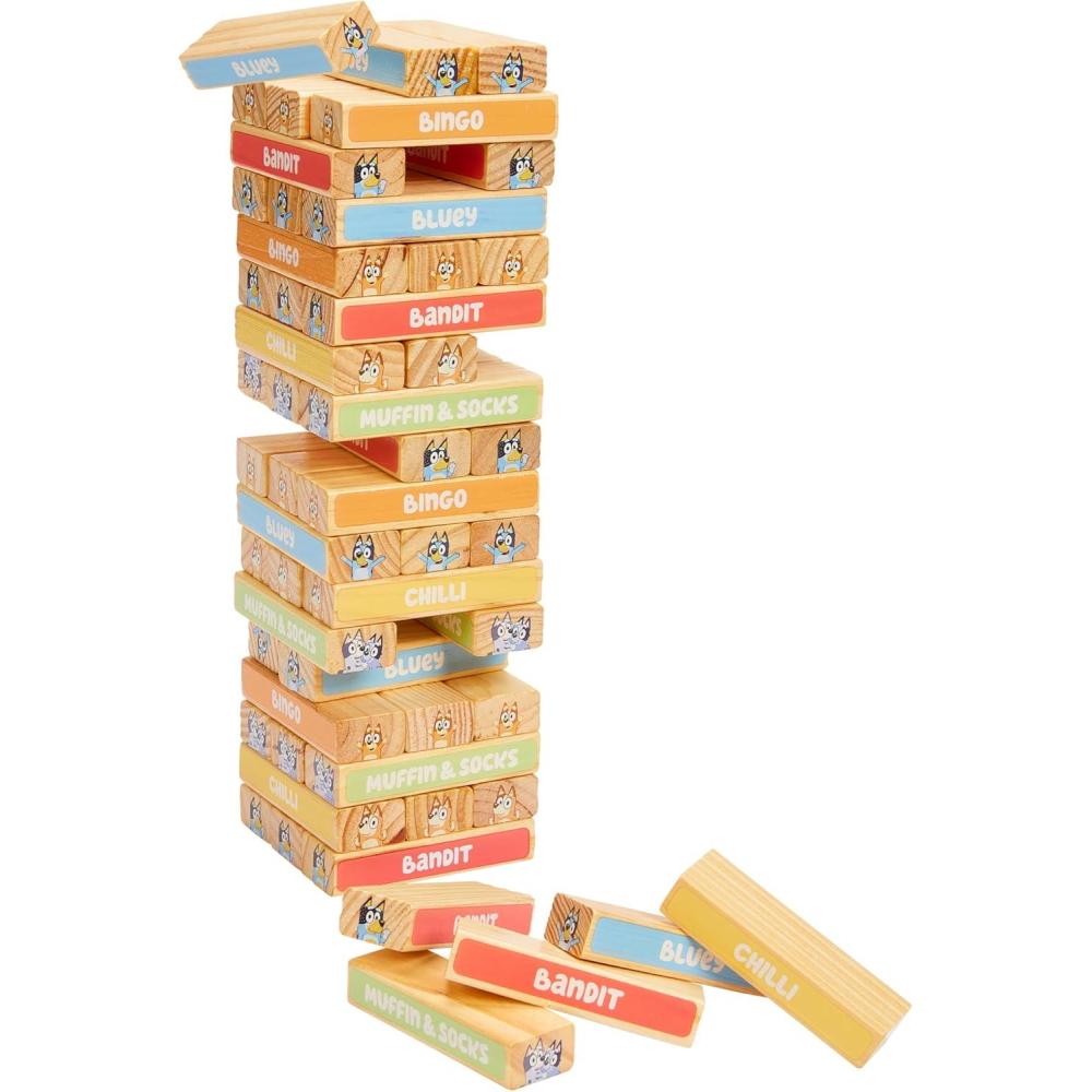 imageBluey 8th Wonder Stackable Tumbling Tower Game Robust Wooden Stacking Game with 54 Illustrated Colored Blocks Fun Balancing Toy for Kids Ages 3Tumbling Tower