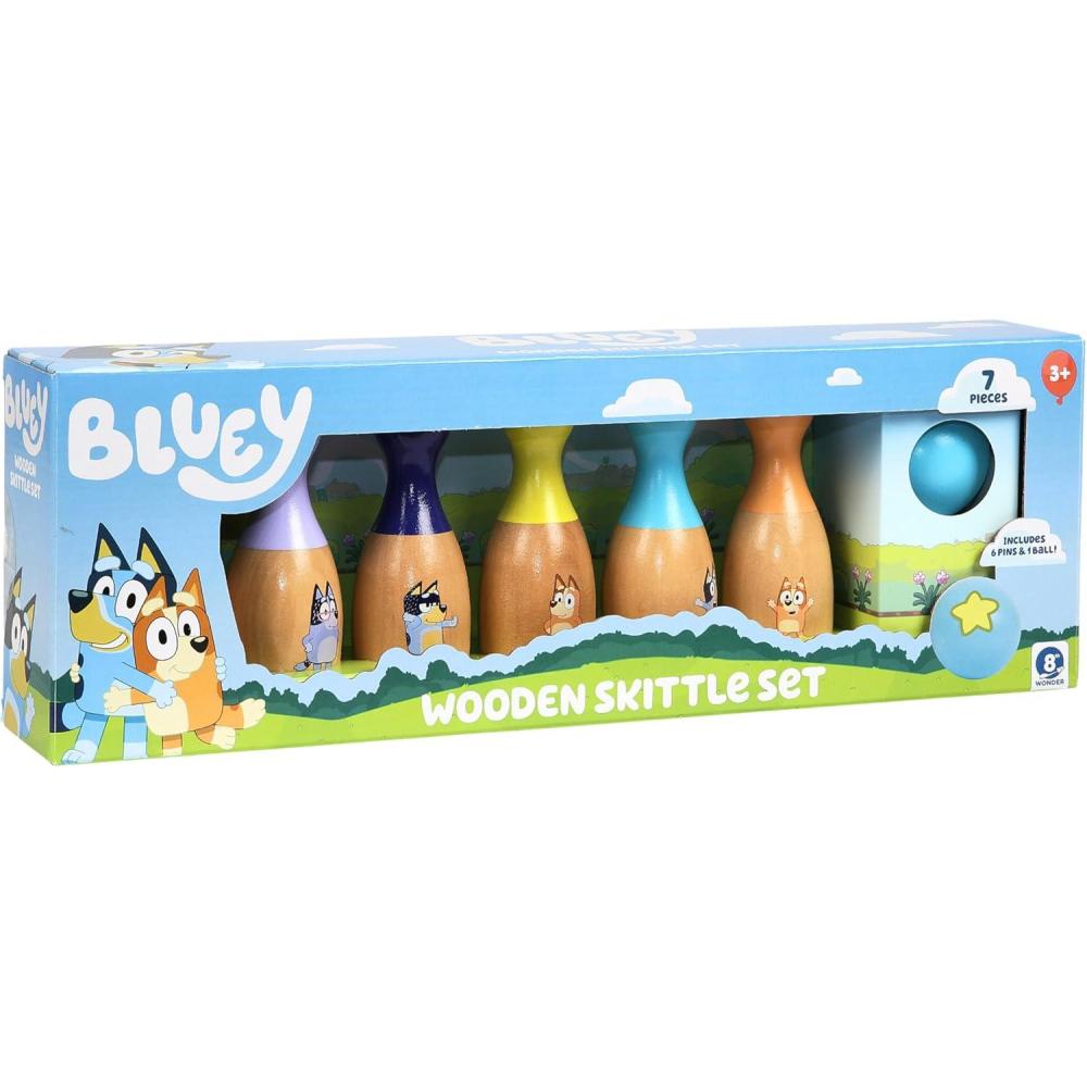 imageBluey 8th Wonder Wooden Skittles Game Set Toy Bowling Set with 6 Character Pins and 1 Bowling Ball IndoorOutdoor Play Toys for Toddler Ages 3Bowling Skittles