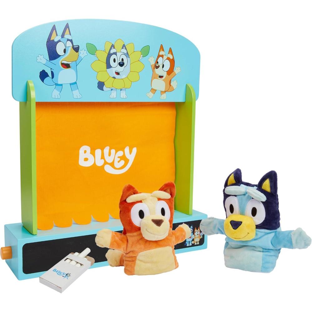imageBluey Wooden Puppet Theater for Kids Playset 20 Kids Pretend Stage Puppets Interchangeable Fabric Backdrops amp RollDown CurtainPuppet Theater