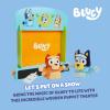 Bluey Wooden Puppet Theater for Kids Playset, 20″ Kids Pretend Stage Puppets, Interchangeable Fabric Backdrops & Roll-Down Curtain(Puppet Theater)