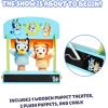 Bluey Wooden Puppet Theater for Kids Playset, 20″ Kids Pretend Stage Puppets, Interchangeable Fabric Backdrops & Roll-Down Curtain(Puppet Theater)