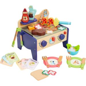 8th Wonder Wooden Bluey Toys Picnic Carrying Case, 30-Piece Picnic Basket Toy with Cutlery and Food Accessories, Outdoor Food Toys for Kids of Ages 3+(BBQ Grill Set)