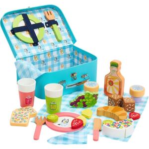 8th Wonder Wooden Bluey Toys Picnic Carrying Case, 30-Piece Picnic Basket Toy with Cutlery and Food Accessories, Outdoor Food Toys for Kids of Ages 3+(Picnic Set)