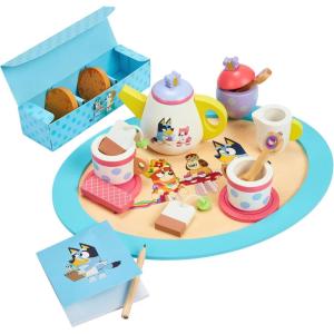 8th Wonder Wooden Bluey Toys Picnic Carrying Case, 30-Piece Picnic Basket Toy with Cutlery and Food Accessories, Outdoor Food Toys for Kids of Ages 3+(Tea Party Set)