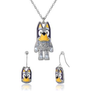Bluey Pendant Necklace and Fish Hook Earrings Set Official License, Fashion Bluey Jewelry with Clear Crystals
