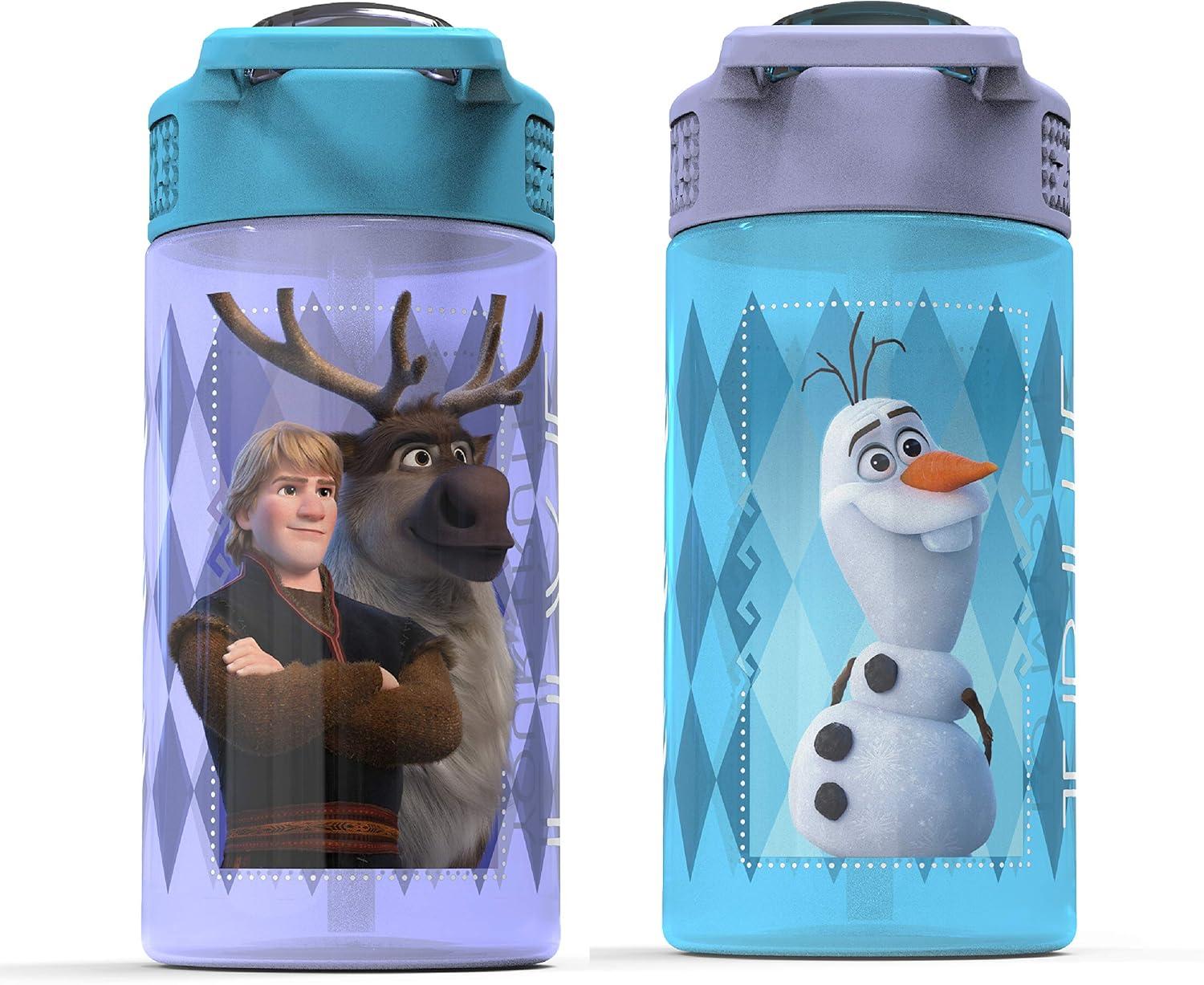 imageZak Designs Bluey Kids Water Bottle Durable Plastic Spout Cover and Builtin Carrying Loop LeakProof Water Design for Travel 16oz 2pc Set 2pkElsa Anna Frozen 2