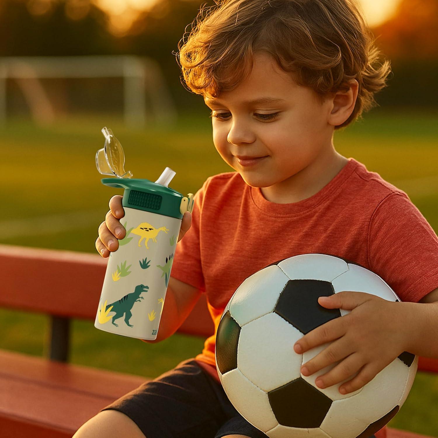 imageZak Designs Bluey Sage Kids Water Bottle For School or Travel 14oz Stainless Steel Water Bottle With Straw Handle and LeakProof PopUp Spout Cover Bluey amp BingoDino