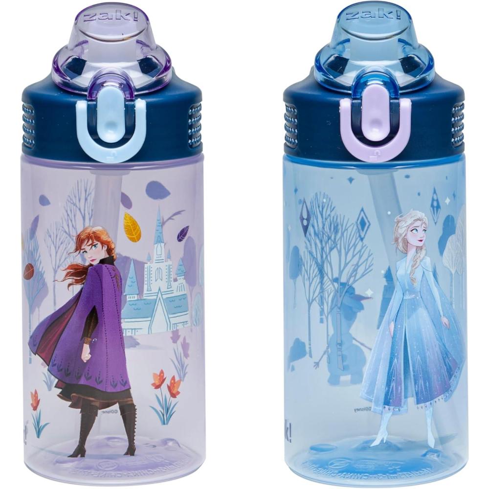 imageZak Designs Bluey Kids Water Bottle Durable Plastic Spout Cover and Builtin Carrying Loop LeakProof Water Design for Travel 16oz 2pc Set 2pkDisney Frozen Anna Elsa