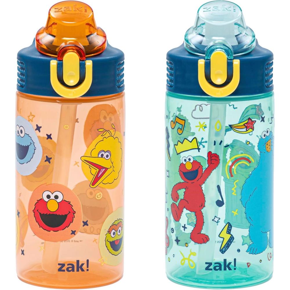 imageZak Designs Bluey Kids Water Bottle Durable Plastic Spout Cover and Builtin Carrying Loop LeakProof Water Design for Travel 16oz 2pc Set 2pkElmo Friends