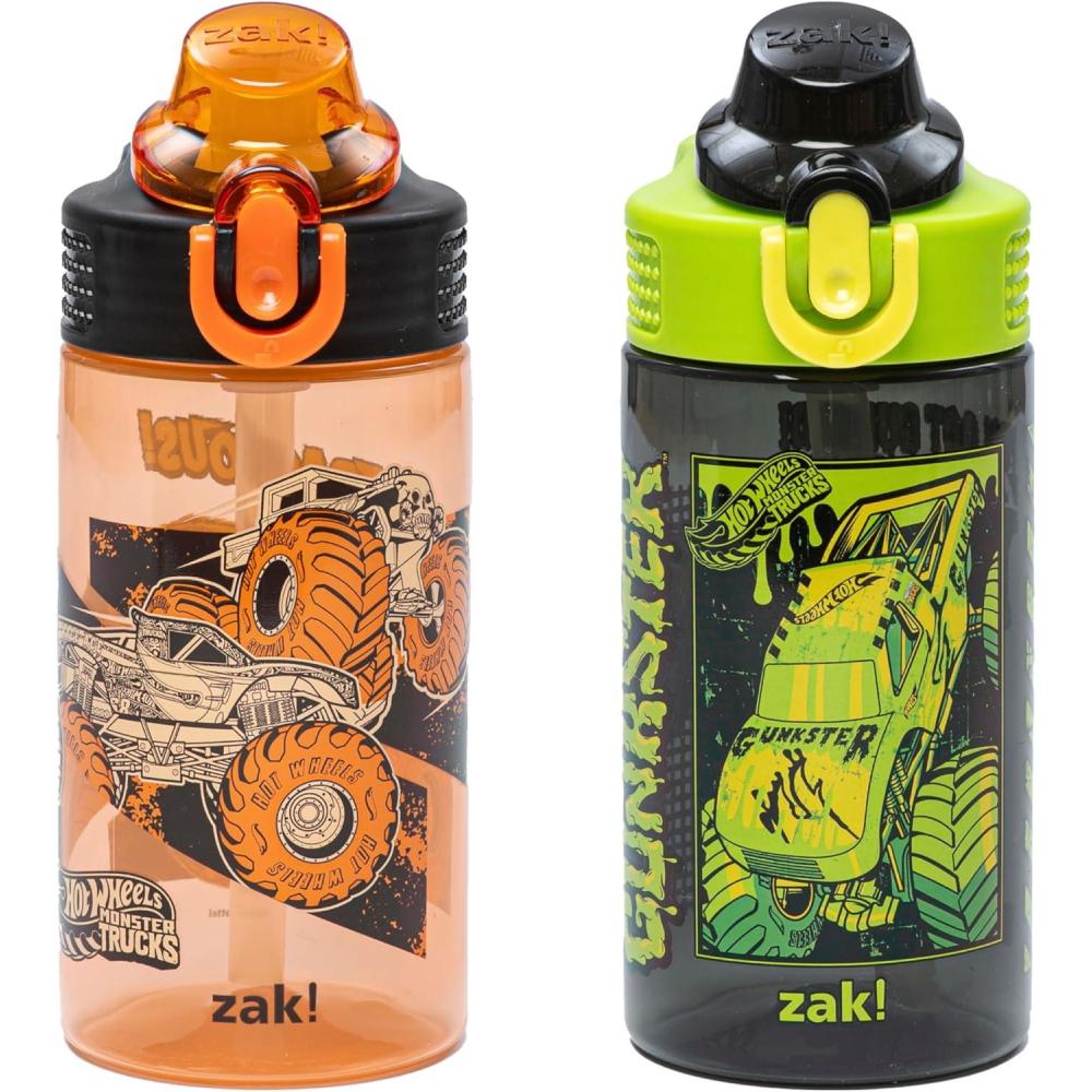 imageZak Designs Bluey Kids Water Bottle Durable Plastic Spout Cover and Builtin Carrying Loop LeakProof Water Design for Travel 16oz 2pc Set 2pkHot Wheels Monster Trucks