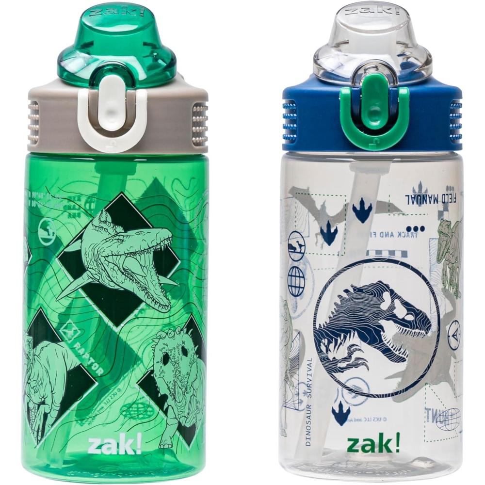 imageZak Designs Bluey Kids Water Bottle Durable Plastic Spout Cover and Builtin Carrying Loop LeakProof Water Design for Travel 16oz 2pc Set 2pkJurassic World Green and Blue