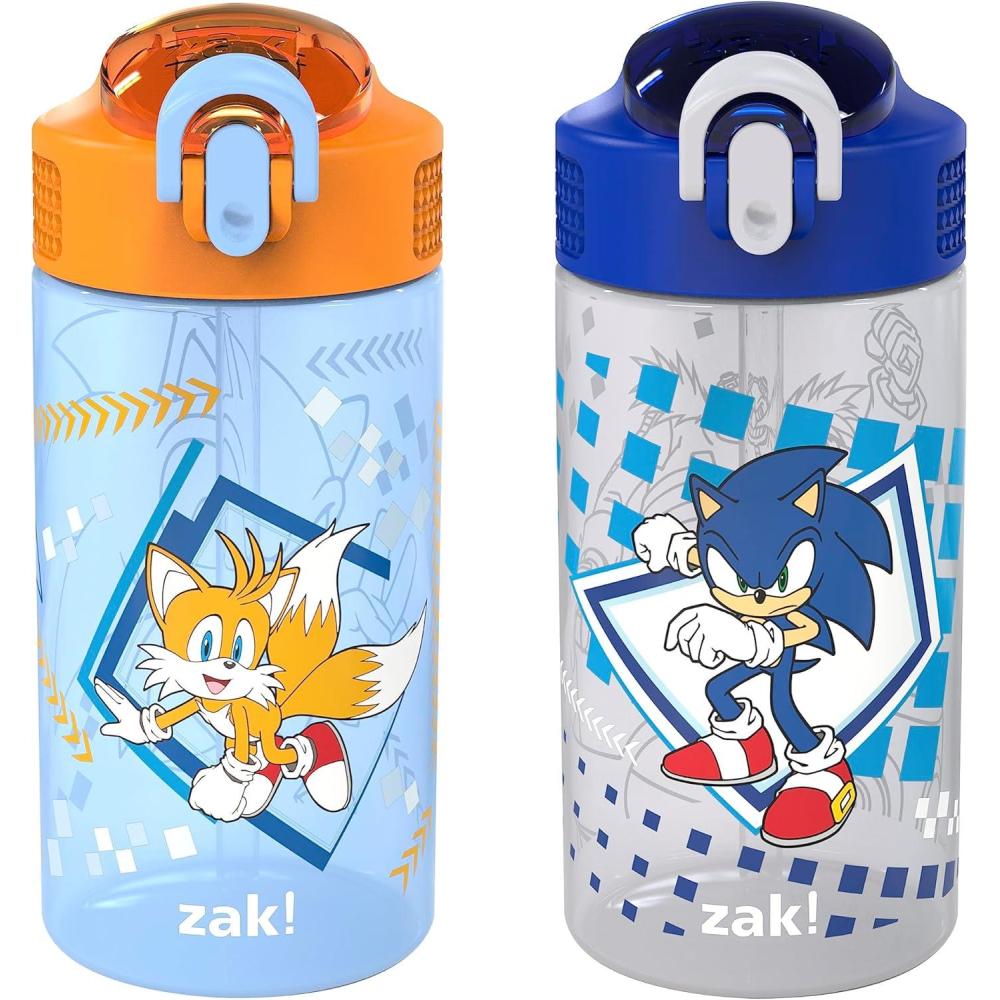 imageZak Designs Bluey Kids Water Bottle Durable Plastic Spout Cover and Builtin Carrying Loop LeakProof Water Design for Travel 16oz 2pc Set 2pkSonic Tails