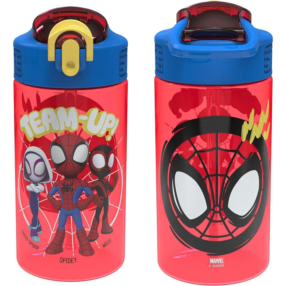 imageZak Designs Bluey Kids Water Bottle Durable Plastic Spout Cover and Builtin Carrying Loop LeakProof Water Design for Travel 16oz 2pc Set 2pkSpidey and His Amazing Friends 2pk