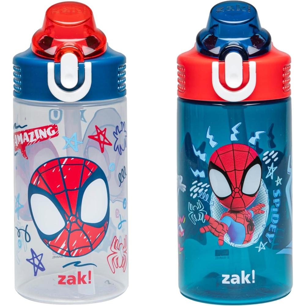 imageZak Designs Bluey Kids Water Bottle Durable Plastic Spout Cover and Builtin Carrying Loop LeakProof Water Design for Travel 16oz 2pc Set 2pkSpidey and His Amazing Friends