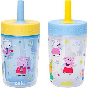Zak Designs Bluey Capri Toddler Tumblers For Travel or At Home, 9oz 2-Pack Double Wall Plastic Sippy Cups With Leak-Proof Design is Perfect For Kids (Bluey, Bingo)(Peppa Pig)